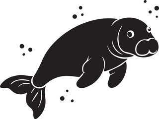 Gentle baby manatee swimming peacefully with rising bubbles isolated on transparent background