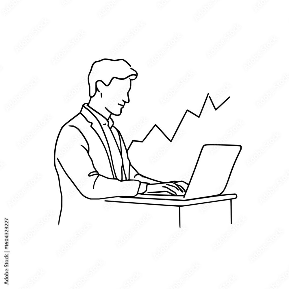 Poster a line drawing of a man in a suit working on a laptop with a rising graph in the background visible