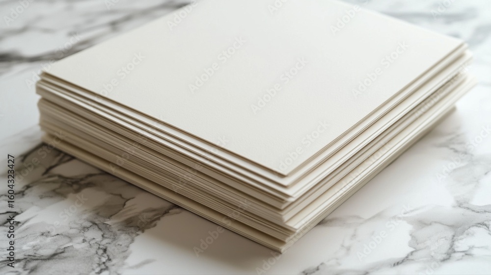 Poster blank square paper stack on white marble background with copy space paper stack blank paper minimal