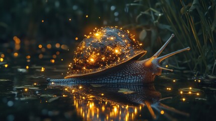 Fototapeta premium Magical snail with golden lights on shell, floating on dark water, lush vegetation