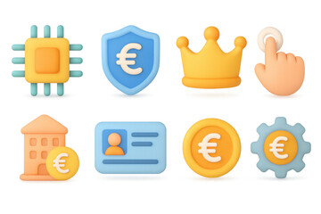 Currency themed icon set featuring euro in soft 3d style