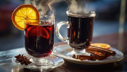 Two glasses of steaming hot mulled wine, garnished with orange slices and cinnamon sticks