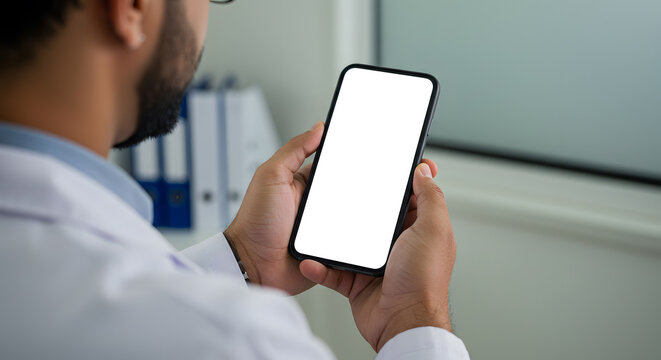 Male doctor gp physician holding mobile cell phone in hands looking at white blank empty mockup smartphone screen working in hospital. Ehealth apps technology mock up concept. Over shoulder view