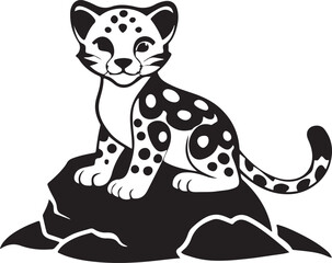 Adorable snow leopard cub resting peacefully on a textured rock in a majestic mountain landscape isolated on transparent background