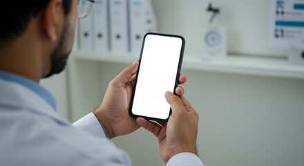 Male doctor gp physician holding mobile cell phone in hands looking at white blank empty mockup smartphone screen working in hospital. Ehealth apps technology mock up concept. Over shoulder view