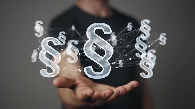 Man Showing Holographic Paragraph Symbols in Hand Isolated on Gray Background