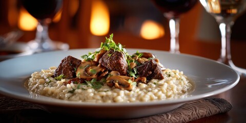 Exquisite beef dish served over creamy risotto with mushrooms and fresh herbs creates a warm inviting ambiance for a gourmet dining experience.