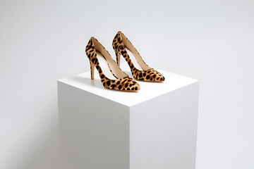 Stylish leopard print high heels on white cube in studio setting with bright light. Perfect for fashion e-commerce, ads, product showcase. minimal, clean, display, bold, feminine, accessory, pose
