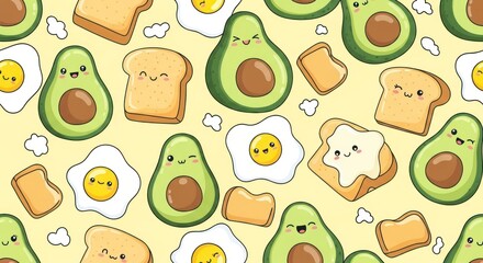 Cute Kawaii Avocado Toast Egg Breakfast Characters Yellow Background Illustration