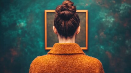 Woman observes art in a gallery with a colorful wall on a fall day