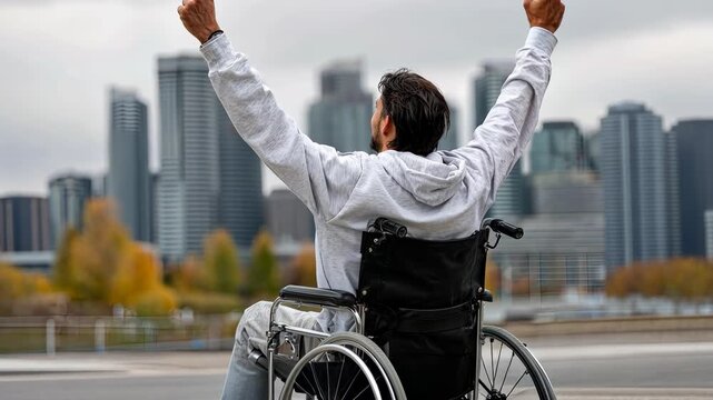 Inspirational man in wheelchair celebrates achievement against city skyline on a cloudy day