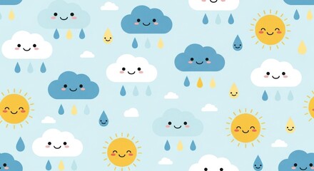 Cheerful Kawaii Sun Clouds and Raindrops Weather Seamless Pattern
