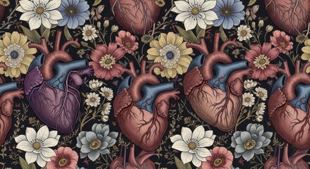Anatomical Human Hearts with Vintage Flowers on Dark Seamless Pattern