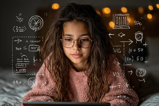 Young Girl Learning Online with Digital Formulas and Concepts - Powered by Adobe