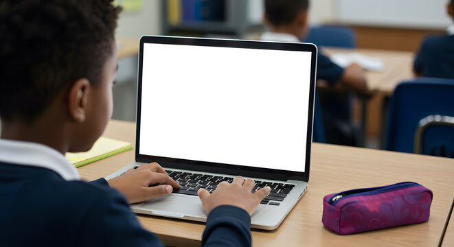 African junior school kid girl student using laptop computer with white blank empty mockup screen at desk in classroom. Online education class software website tech ads concept. Over shoulder view