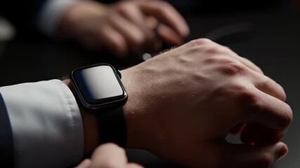 Man Shows Smartwatch with Time on Hand in Dramatic Light Outfit and Dark Background - Powered by Adobe