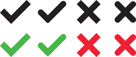 Check mark icons button set. yes or no checkmark sign. green tick box and red cross symbol. Check box icon with right and wrong buttons
