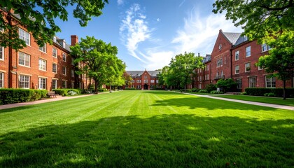 Picturesque campus courtyard under a bright sky