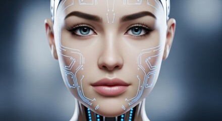 Futuristic Cyborg Woman Portrait with Glowing Blue Circuitry Illustration