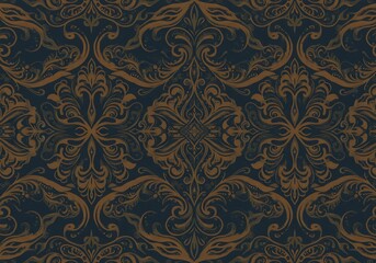 Ornate damask pattern featuring intricate floral and scroll designs in gold on a dark blue background