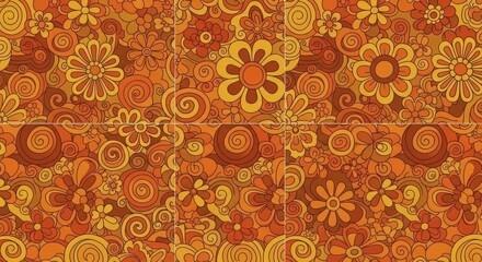 Retro 70s Floral Psychedelic Swirls in Orange Yellow Seamless Pattern