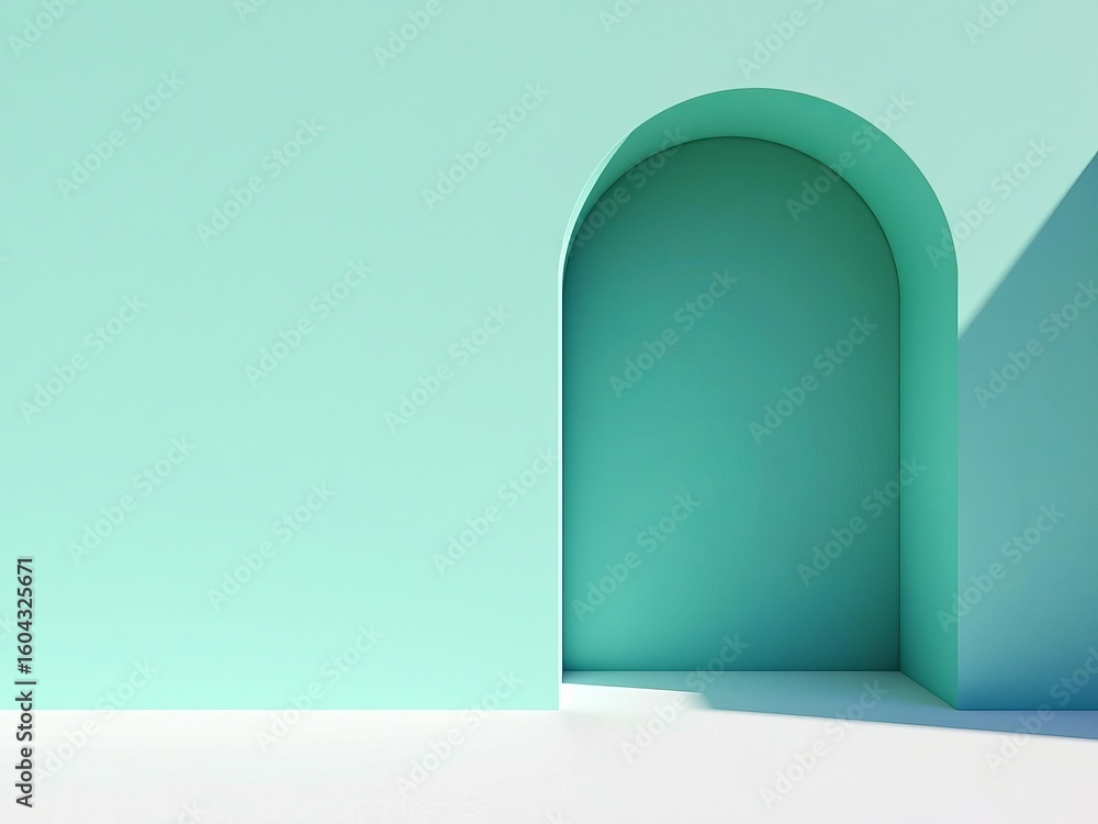 Poster minimalism and modern simplicity with empty turquoise archway casting shadow on clean wall for abstr