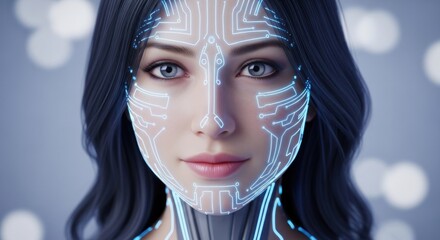 Futuristic Cyborg Woman Face with Glowing Neon Blue Circuitry Illustration