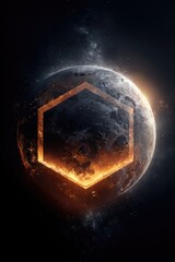 Hexagonal planet with fiery core in space