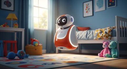Futuristic Smart Robot Companion Floating in Colorful Kid's Bedroom