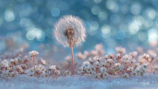 Delicate dandelion amidst small white flowers, frosted ground, soft light, bokeh