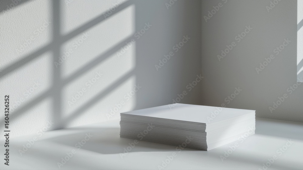 Poster minimalist stack of white paper with window shadow minimalist shadow paper pile blank paper mockup