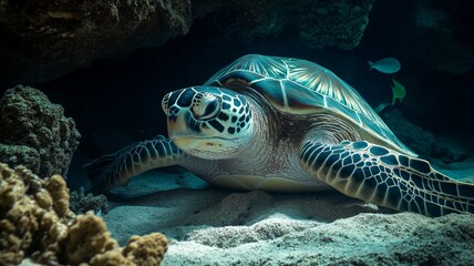 Fototapeta premium A graceful sea turtle swims through clear waters near colorful coral reefs, showcasing its beauty.
