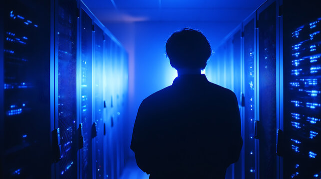  Hacker breaking into a confidential government database, intense blue light illuminating the room 
