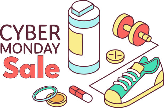 Cyber monday sale promotion featuring fitness and health products with isometric illustrations for online shopping and discounts