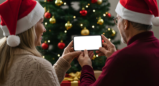 Happy mature family couple in santa hats holding smartphone in hands using cell phone mockup white blank screen for ads on Christmas tree background advertising mobile applications. Over shoulder view