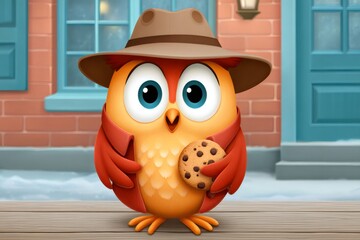 Cute owl wearing hat and holding chocolate chip cookie in winter urban setting