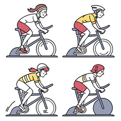 Four diverse individuals two men and two women engaged in indoor cycling workouts on stationary bikes showcasing a commitment to fitness and healthy lifestyles