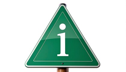 Green triangular information sign isolated on white background providing guidance