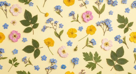 Pressed Wildflowers and Leaves Colorful Flatlay on Yellow Background Pattern