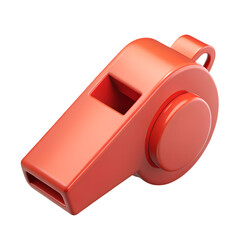 A vibrant red plastic whistle isolated on a clean transparent background