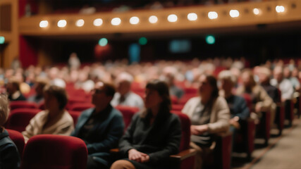 Blurred image of an auditorium with audience seated in red chairs before a theatrical event begins