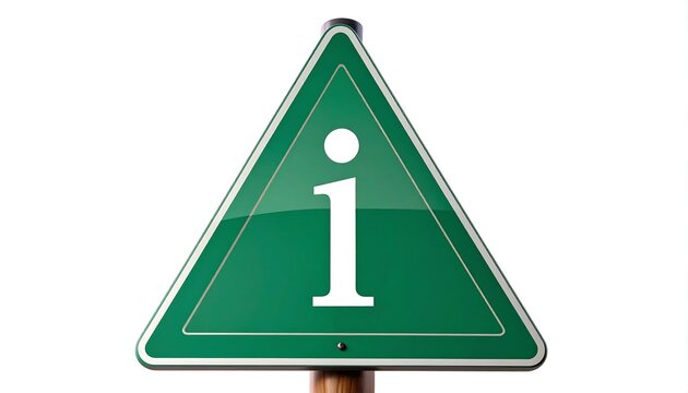 Green triangular information sign isolated on white background providing guidance