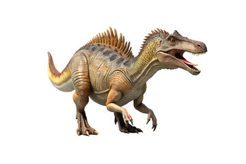 Obraz premium Large carnivorous Spinosaurus dinosaur with prominent sail fin, clawed limbs, and realistic prehistoric creature details, isolated on a transparent background