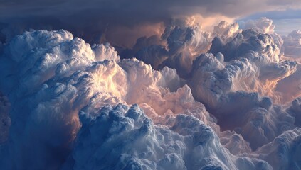 Dramatic, high-angle view of massive storm clouds lit by sunset