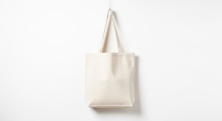 Beige Canvas Tote Bag Hanging on White Wall Mockup