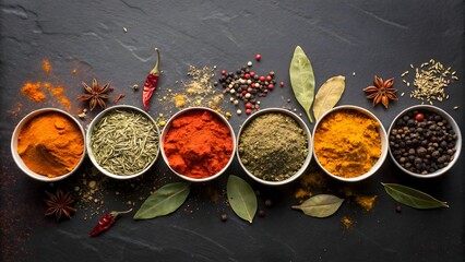 Colorful assortment of spices and herbs in metal bowls on a dark textured background. Perfect for food, cooking, culinary, or organic ingredient visuals. High detail and rich contrast.