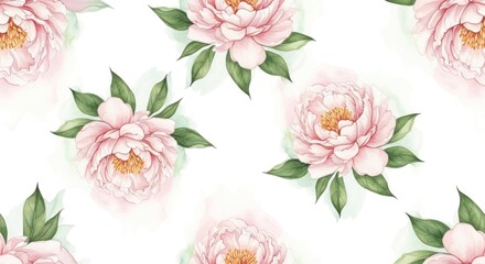 Pink Peony Flowers Watercolor Illustration Delicate Spring Seamless Pattern