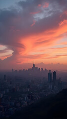 Fototapeta premium Surreal Sunset Skyline Over Futuristic Cityscape