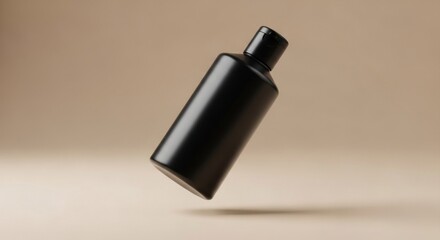 Black Plastic Bottle Matte Finish Floating Beige Background Mockup