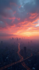 Fototapeta premium Surreal Sunset Skyline Over Futuristic Cityscape